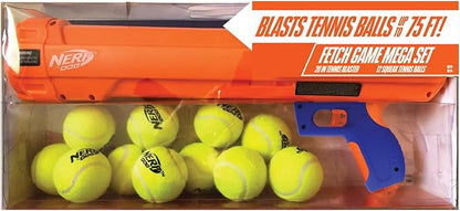 Nerf Dog Tennis Ball Blaster Dog Toy Gift Set, Launches up to 75 ft, for All Breeds Includes Orange Ball Launcher and 12 Dog Tennis Balls
