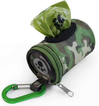 Dog Poop Bag Holder for Leash Doggie Waste Bag Dispenser Puppy Potty Carrier Small Doggy Zipper Pouch with Carabiner Clip 1680D Nylon Oxford with 1 Roll of Pet Trash Bags, Woodland Camo
