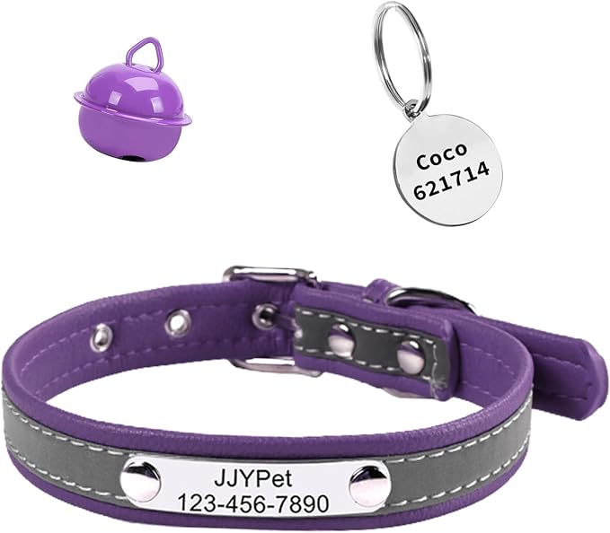 Personalized Reflective Cat Collars with Name Tag and Plated,Engraved Custom Cat Collar with Name and Phone,Kitten Collar with Safety Buckle Adjustable for Cats and Kitten(Purple)