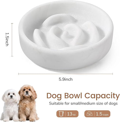 Karibiber Marble Slow Feeder Dog Bowl, White Puppy Puzzle Dish for Small Dogs Cats, Heavy Non-Slip Stone Dog Food Bowl, Anti-Choke Bloat Stop Maze