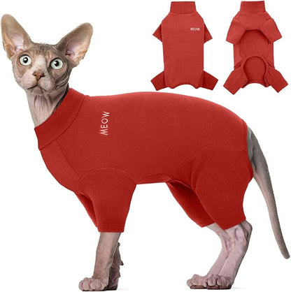 ROZKITCH Sphynx Clothes for Cats, Breathable Soft Cat Jumpers for Cats Only, Cat Coat with Four Legs, Warm Sweater T-Shirt Pajamas Jumpsuit Vest Cornish Rex Devon Rex Peterbald Red 2XL