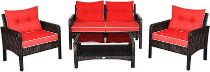 Tangkula 4 Piece Patio Furniture Set, Outdoor Wicker Conversation Set with Glass Top Coffee Table, All Weather Proof and Thick Cushions, Suitable for Porch, Garden, Poolside and Lawn (Red)