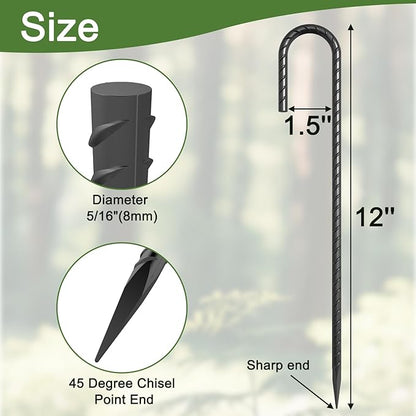 OK5STAR J Hook Rebar Stakes 12 Inch 32 Pack, 5/16 Inch Diameter Heavy Duty Steel Tent Stakes, Black E-Coated Anti-Rust Ground Anchors for Fencing, Tarp, Outdoor Decorations, Inflatables, Bounce House