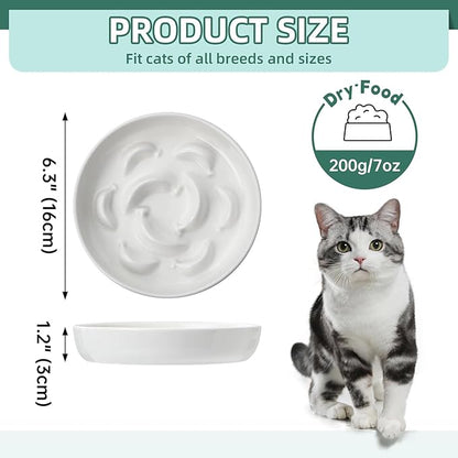 Ceramic Cat Slow Feeder Bowl - Pastel Series Cat Plate for Dry and Wet Food - Cute Maze Feeder Dish for Healthy Eating - Dishwasher Safe - 6.3''W x 1.2''H - 7 OZ - Ivory White
