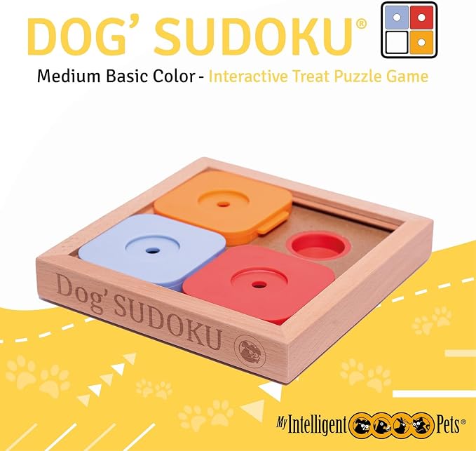 Interactive Sudoku Puzzle for Small Dogs and Cats - Basic Brain Pet Toy - 4 Treat-Hiding Holes, Medium Wood and Plastic Design