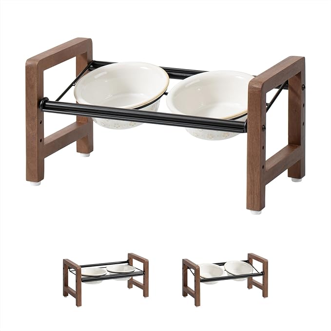 6.3inch Ceramic Adjustable Raised Double Bowls Set with Stand, 3 Heights Elevated, 2 Placement Options,Food and Water Bowls for Adult Cat Small and Medium Dog(Reactived Glaze -White)