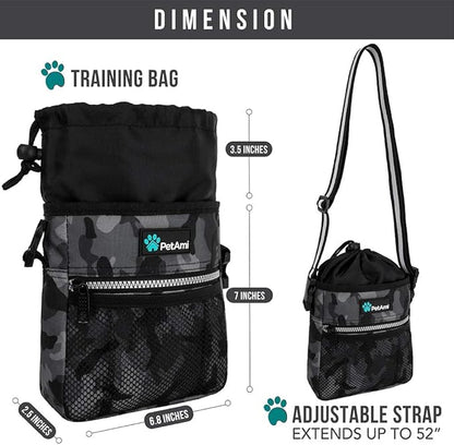 PetAmi Dog Treat Pouch, Pet Treat Pouch for Training, Dog Walking Bag Holder for Kibbles, Pet Food Toy, Dog Trainer Essentials Supplies, Poop Bag Dispenser, 3 Ways to Wear (Camo Black)