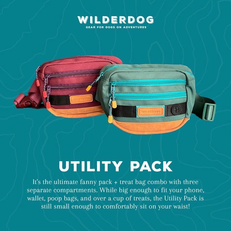Wilderdog Utility Fanny Pack stores Treats, Balls, Keys in 3 Pockets with adjustable strap and Poop Bag dispenser (Black)