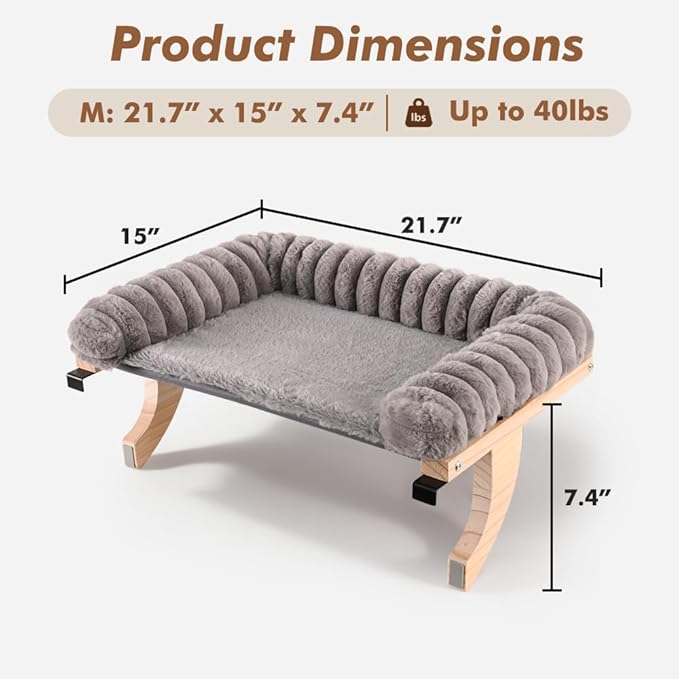 Cloud-Soft Cat Window Sill Perch with Zipper Designed Cushioned Bed, Supportive Cat Window Seat with Premium Solid Wood & Sturdy Metal Frame, Pet Hammock Bed for Large Cats (Medium, Gray)