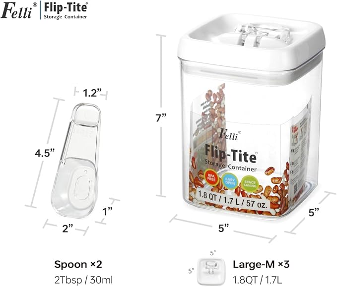 Felli Flip Tite Storage Container with Built-In Spoon & Airtight Lid 5” Large-M Ring Flip Top, Stackable Acrylic Canister for Rice Sugar Flour Protein Powder, Kitchen Pantry Organizer (1.8qt)