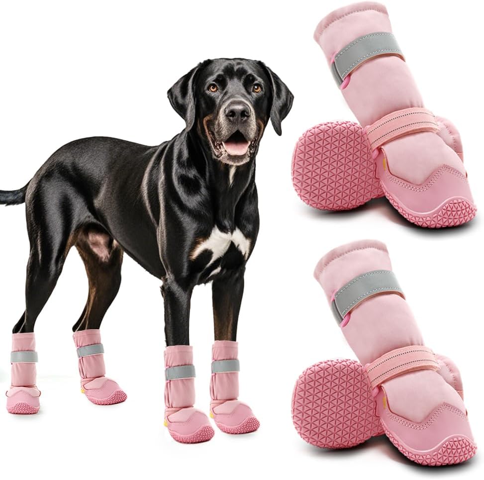 Hcpet Dog Shoes, Dog Boots & Paw Protectors for Winter Snowy Days, Rainy Weather, Outdoor Anti-Slip Sole Dog Booties for Hardwood Floor Pink-Leg 7