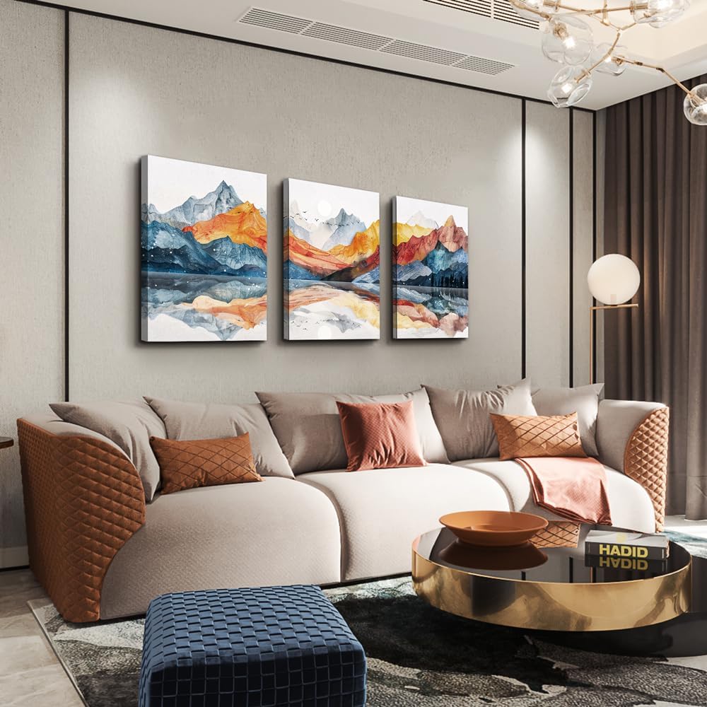 TTHYUEWS Abstract Art for Bedroom & Living Room - Modern Ink Mountain Landscapes - 3 Piece Ready To Hang Wall Decor