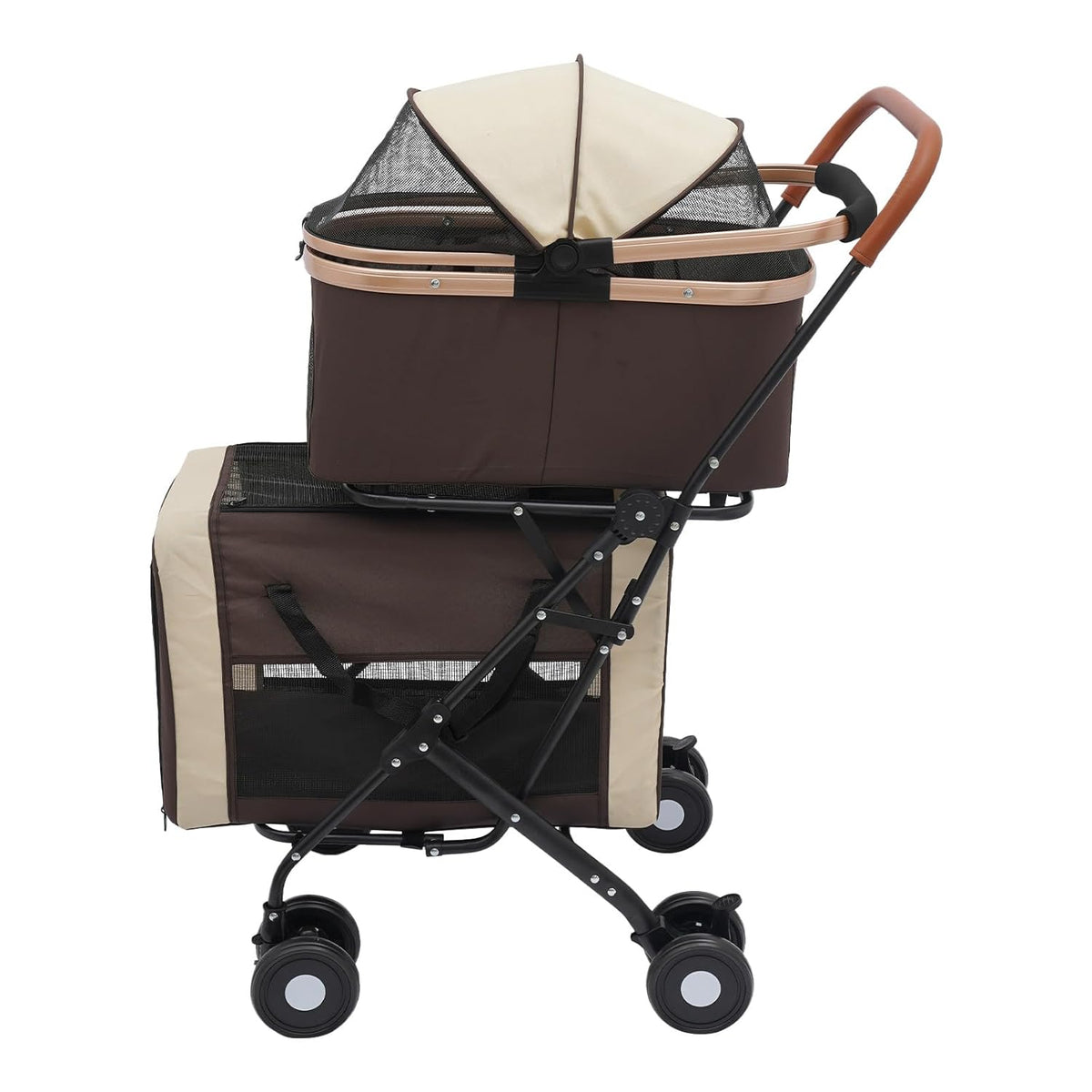 Double Pet Stroller for Dogs and Cats, Foldable Dog Stroller Travel Carriage with Detachable Carriers, Safety Belts, and 4 Lockable Wheels for Small to Medium Pets (Coffee Color)
