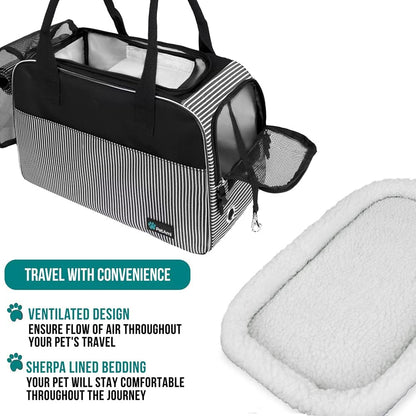 PetAmi Dog Purse Carrier for Small Dogs, Airline Approved Soft Sided Pet Carrier with Pockets, Ventilated Dog Carrying Bag for Puppy Cat, Dog Travel Supplies Bag, Sherpa Bed, Max 12 lbs, Stripe Black