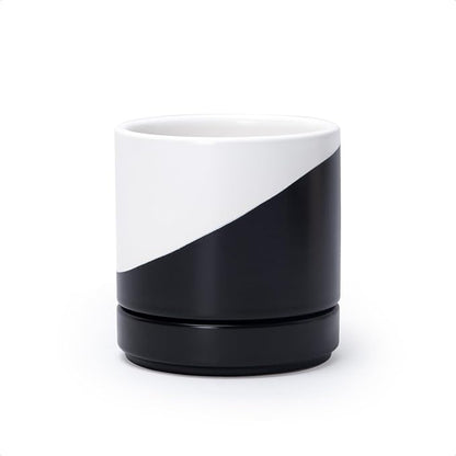 D'vine Dev 4.7 Inch Ceramic Planter Pot, Black White Diagonal, 94-O-B-K | Modern Cylinder Design, Drainage Hole & Saucer Included, Stable Structure, Elegant Home Accent