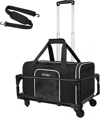 Small Pet Carrier 18"x13"x9.5" with Wheels Airline Approved, Black | for Southwest Airlines, Lockable Safety Zippers and Anti-Scratch Mesh, Pets Under 10 lbs