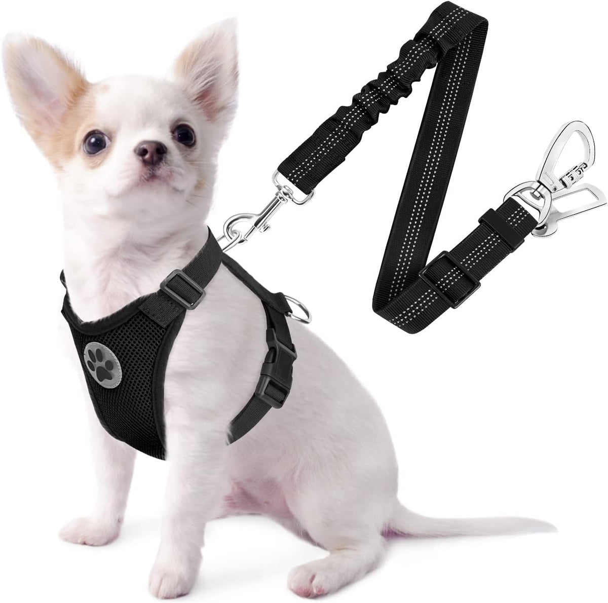 SlowTon Dog Seat Belt Harness for Car, Dog Car Harness Adjustable Mesh Breathable & Dog Seatbelt Safety Tether with Elastic Bungee for Small Medium Large Pets(Black, Double Clip, XXS)