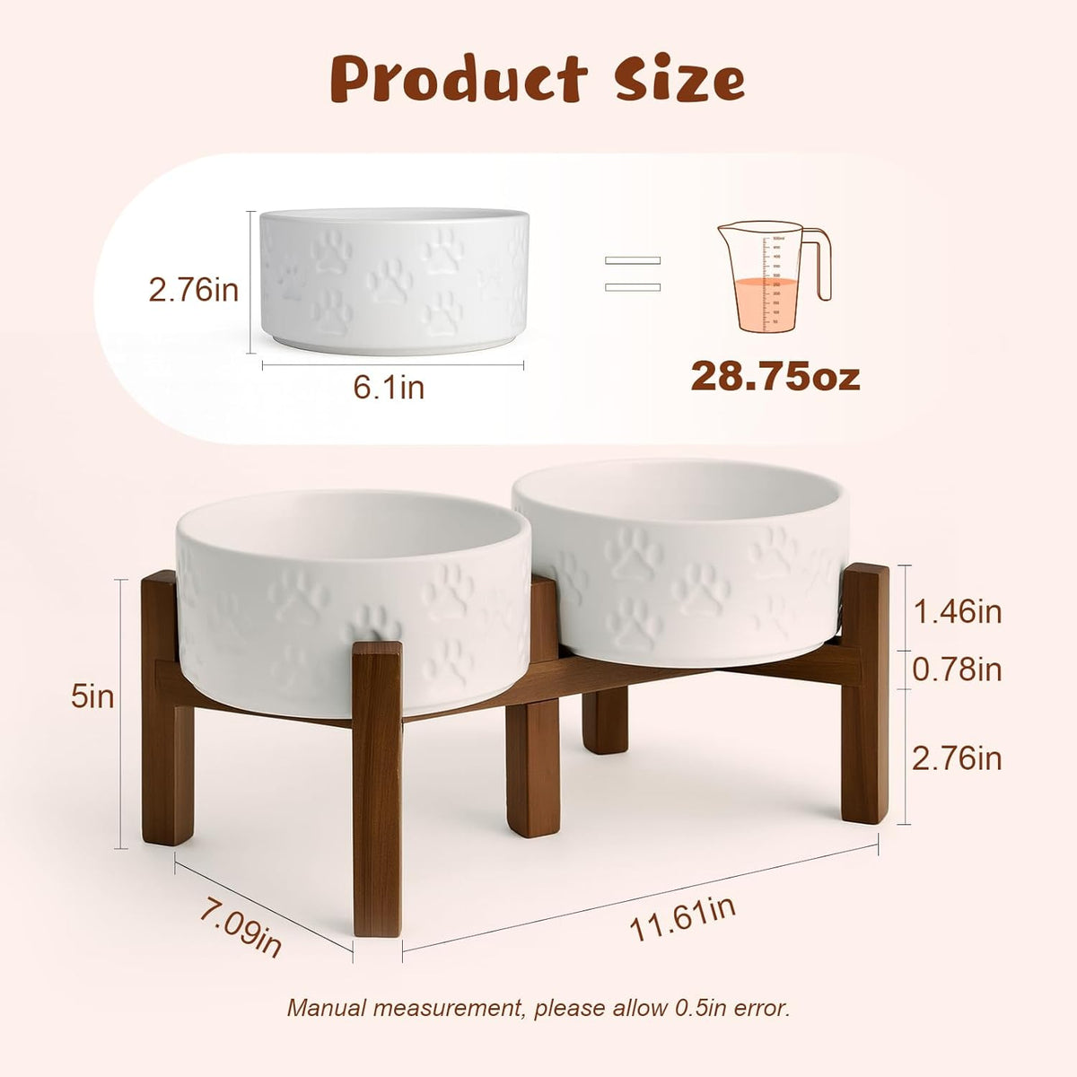 SPUNKYJUNKY Ceramic Elevated Dog Bowl Set with Acacia Wood Stand for Food and Water for Small Medium Sized Dogs (28.74 OZ, White, Dog Paw Pattern)