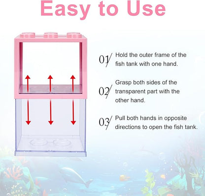 JIABEIUS 2 PCS Small Betta Fish Tank, 0.6 Gallon Mini Aquarium Tank, Pink Cube Fish Bowl, Desktop Stackable Tank for Small Fish, Insect, Shrimp, Turtle, Spider