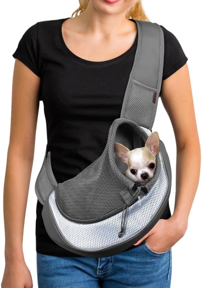 YUDODO Pet Sling Carrier for Small Dogs & Cats – Hands-Free Puppy Carrier with Safety Hook, Large Zipper Pocket, Soft Breathable Mesh, Adjustable Strap & Reflective Strip (Gray 1.0 M)