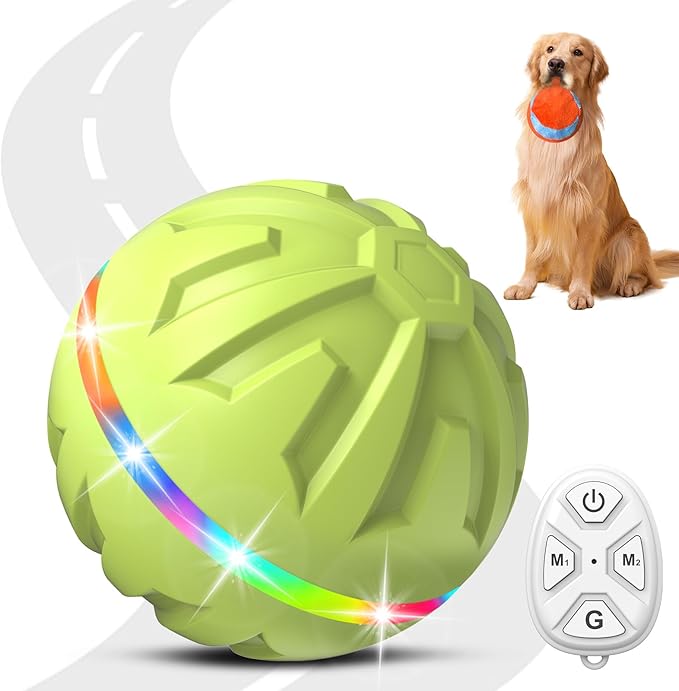 Dog Toys Dog Ball, Durable Motion Active Rolling Balls with Remote Control LED Light, Rubber Peppy Pet Balls for Medium Large Dogs, USB Rechargeable, 3.2-in Diameter (Green)