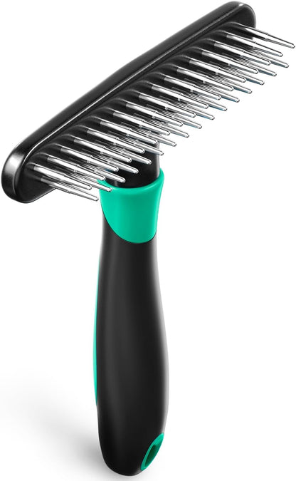 Deshedding Brush Comb - Undercoat Rake for Dogs, Cats, Short, Long Hair Coats - Double Row Stainless Steel Pins - Reduce Shedding by 90% (Green)