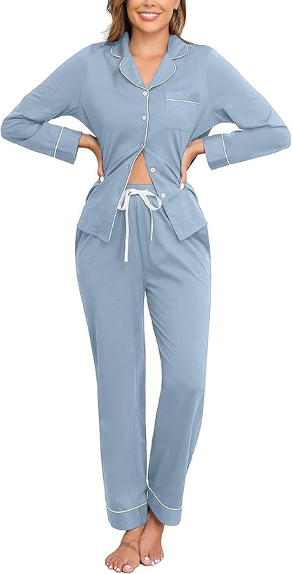 Veseacky 100% Cotton Pajamas for Women Set Long Sleeve Button Down Sleepwear Soft Pjs Lounge Sets with Pockets XS-XXL
