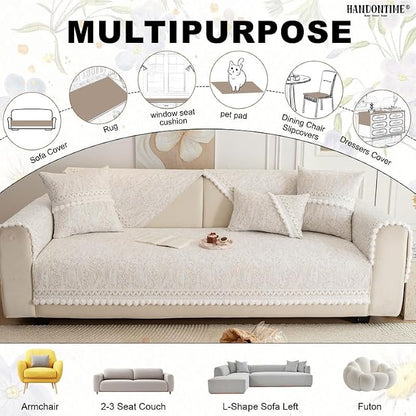 HANDONTIME Chenille Pet Couch Cover Floral Pattern – Soft Fringed Edges, Non-Slip Washable Sofa Slipcover, Jacquard Sofa Cushion Cover, Protects Furniture from Dogs, Cats & Kids (Khaki,35.4" x 94.5")