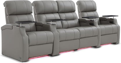 Weilianda Home Theater Seating, Top Grain Leather Sectional Seats Recliner Chair, Zero Gravity Reclining Sofa with Power Headrest 7 Colors Ambient Lighting USB C Charge Row of 4 Loveseat Middle Grey