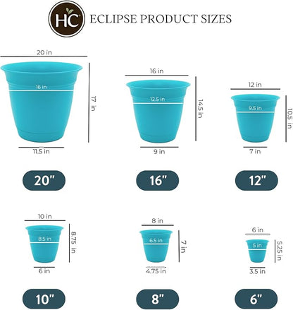 The HC Companies 8 Inch Eclipse Round Planter Pots with Drainage Holes & Attached Saucer, Lightweight UV-Resistant Plastic Indoor & Outdoor Planters, 6-Pack Flower Pots for Garden & Home Decor, Teal
