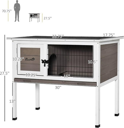 PawHut Elevated Wooden Rabbit Hutch, Indoor/Outdoor Bunny Cage with Hinged Asphalt Roof and Removable Tray for Guinea Pig, Brown