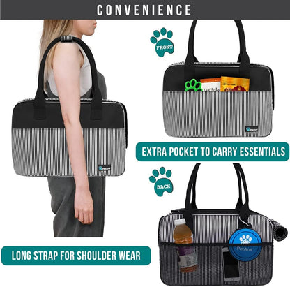 PetAmi Dog Purse Carrier for Small Dogs, Airline Approved Soft Sided Pet Carrier with Pockets, Ventilated Dog Carrying Bag for Puppy Cat, Dog Travel Supplies Bag, Sherpa Bed, Max 12 lbs, Stripe Black