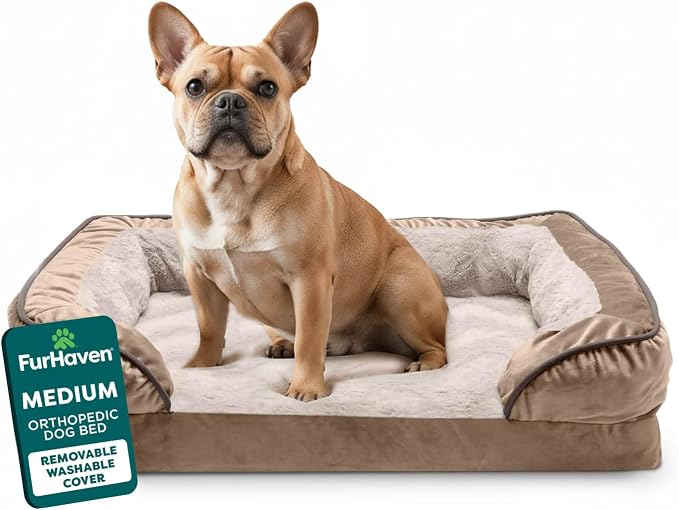 FurHaven Orthopedic Dog Bed for Medium Dogs, Perfect Comfort Sofa with Removable Bolsters with Orthopedic Egg Crate Foam for Joint Support, Washable Cover, Medium, Plush & Velvet Waves, Brownstone