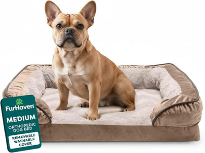 FurHaven Orthopedic Dog Bed for Medium Dogs, Perfect Comfort Sofa with Removable Bolsters with Orthopedic Egg Crate Foam for Joint Support, Washable Cover, Medium, Plush & Velvet Waves, Brownstone
