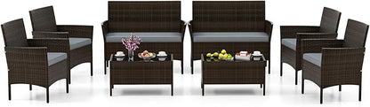 HAPPYGRILL 8 Pieces Outdoor Rattan Conversation Set, Patio Wicker Furniture Set with Loveseat Chairs & Tempered Glass Coffee Table, Outside Sectional Sofa Set for Backyard Garden Poolside
