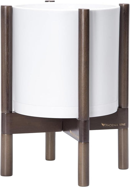 D'vine Dev Plastic Pot with Walnut Wood Stand, White, 10 in, 55-C-L-1 | Mid-Century Inspired Design, Elevated Plant Display, Clean Lines, Sturdy Support, Modern Space-Saving Style