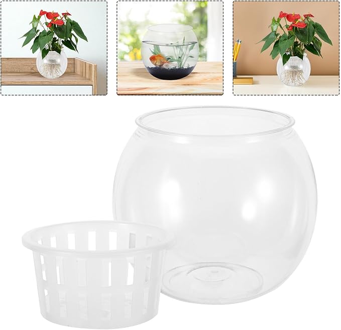 Alipis Betta Fish Bowl Aquatic Terrarium Hydroponic Planter Desktop Fish Tank with Water Propagation Basket Medium 110c for Home and Office Decor