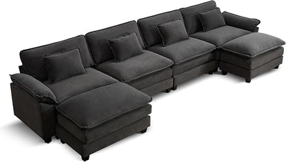URRED Cloud Couch Modular Sectional Sofa, 157" Modern U Shaped Deep Seat Sofa with 2 Ottomans & Pillows, Ultra Comfy VelvetCouches for Living Room, Bedroom or Apartment, Dark Gray