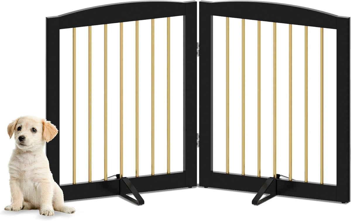 Freestanding Pet Gate for Dogs, Foldable Wooden Dog Gate for House, Stairs, Doorways, Step Over Pet Puppy Safety Fence,Support Feet Included,24" Height 2 Panels, Black&Gold