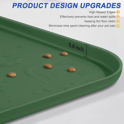 SMILOOL Waterproof Silicone Pet Food Mat with Raised Edge for Dog & Cat | 24" x 16" Non-Slip Pet Feeding Mats with Lip for Food & Water Bowl, Food Grade, Easy Cleaning, Dark Olive