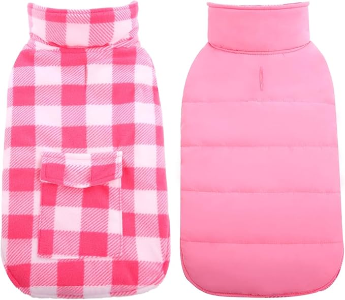 Kuoser Dog Winter Coat, Windproof Dog Fleece Jacket British Style Plaid Cold Weather Doggie Vest Coats, Reversible Cozy Warm Puppy Clothes Pet Apparel for Small Dogs XS