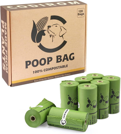 Certified Compostable Dog Poop Bags, 120 Count Landfill Friendly and Leakproof Waste Bags, Easy Open Unscented Forest Green Poop Bag for Dog, 15 Doggy Bags Per Roll (8 rolls)