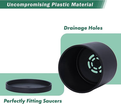 D'vine Dev 2 Pack 4.5 Inch Modern Plastic Plant Pots, Small Garden Planters for Plant with Drainage Holes and Saucers, Black Color, 74-Y-F-1