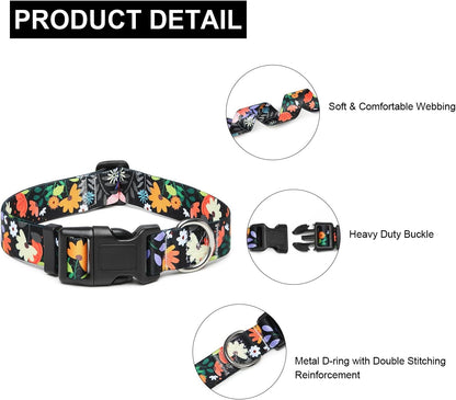 Mercano Adjustable Dog Collar - Special Design Patterns, Soft Nylon Comfortable Sturdy Pet Collar for Small Medium Large Dogs (XS, Floral Orange)