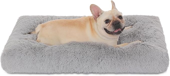 Bedfolks Plush Dog Crate Pad, Washable Dog Kennel Bed, 29"x21", Light Grey