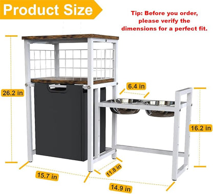 30.6Long x 26.2 High Elevated Dog Bowl Stand, White | with Pet Food Storage Organizer, Adjustable Raised Feeding Station with Toy Basket for Large Medium Small Dogs and Cats