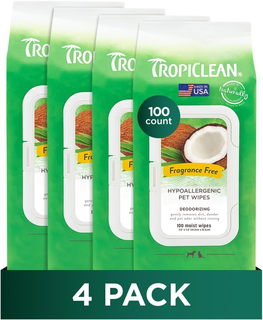 TropiClean Hypoallergenic Dog Wipes for Paws and Bottom | Fragrance Free Dog Grooming Wipes | Safe for The Face | Puppy & Cat Friendly | 400 Count