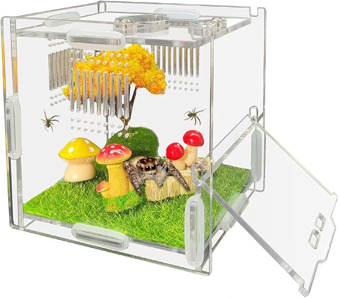 Jumping Spider Enclosure, 4" X 4" X 4" Acrylic Spider Habitat, Front Opening Small Reptile Terrarium with Matrix Ventilation Holes & Feeding Holes, for Jumping Spider Snail Insect