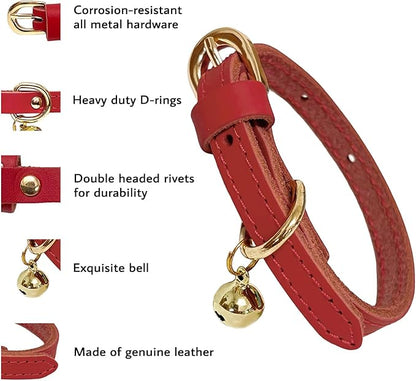 Guiding Star Leather Collar for Puppy, Cute Soft Thin Dogs Collars for Small Medium Dogs, Cat Collar with Bell (Red, XS, 9"-12")