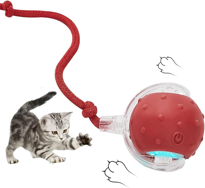 Electric Interactive Cat Toy Ball - Automatic Rolling Silicone Cat Toys for Indoor Cats, Durable Chew-Proof Motorized Kitty Ball with LED Light, Fun Exercise Toys for Bored Kittens（red）